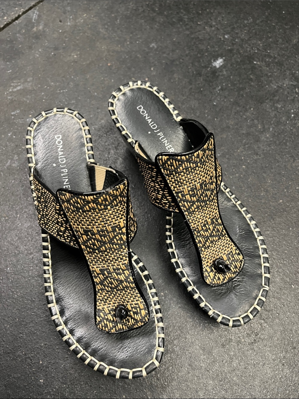 Donald J. Pliner Black and Tan Woven T-strap Sandals